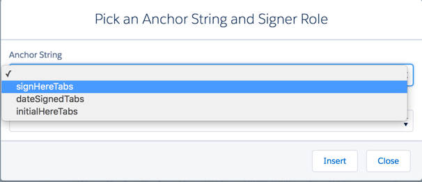 Pick an Anchor String and Signer Role Screen with a choice of Anchor Strings. Insert and close buttons on left bottom of window.