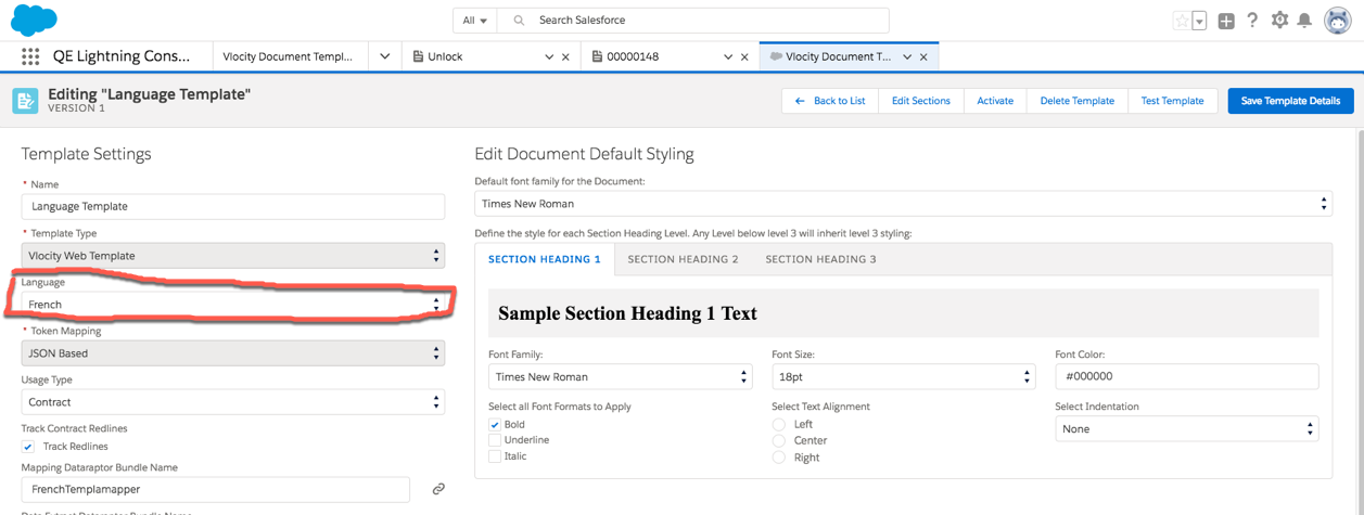 The Template Settings panel with the Language field highlighted.