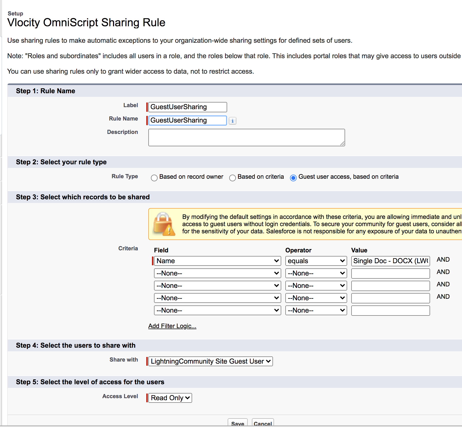 The Field is set to Name, the Operator is set to equals, and the Value is set to Single Doc - DOCX (LWC - Guest User).