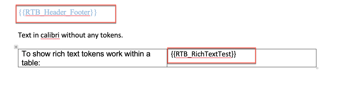This image shows image tokens being used in the header and within a table in a document template.
