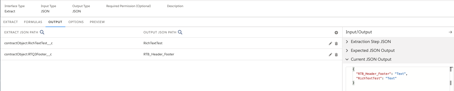 This image shows the data mapping from the extraction step JSON to the output JSON in the Output tab.