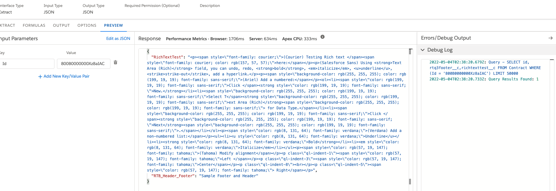 This image shows the Preview tab where the mapping you provided for the rich text has been executed.