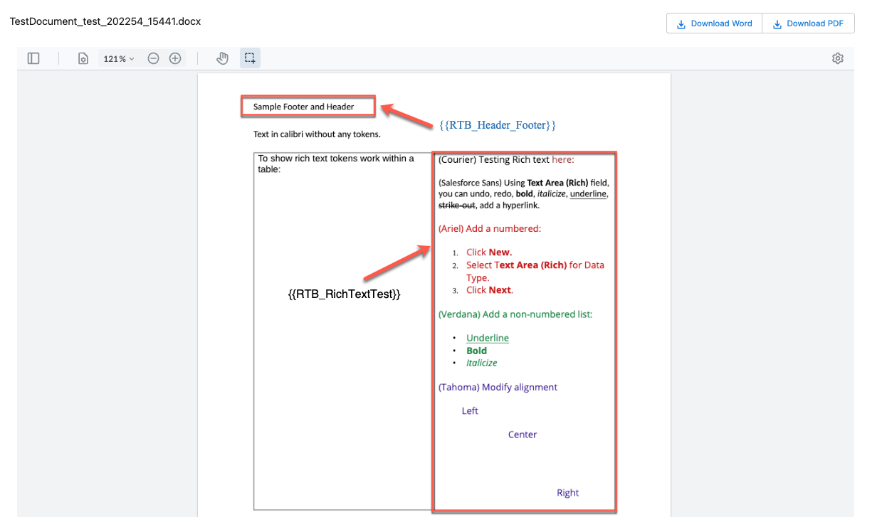 The image shows that the generated document has the tokens are replaced with the rich text content.