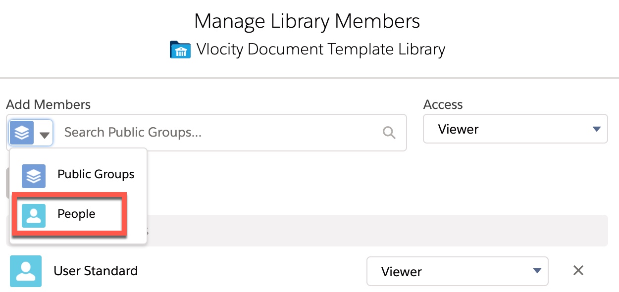 The Manage Library Members dialog with the People option selected under Add Members.