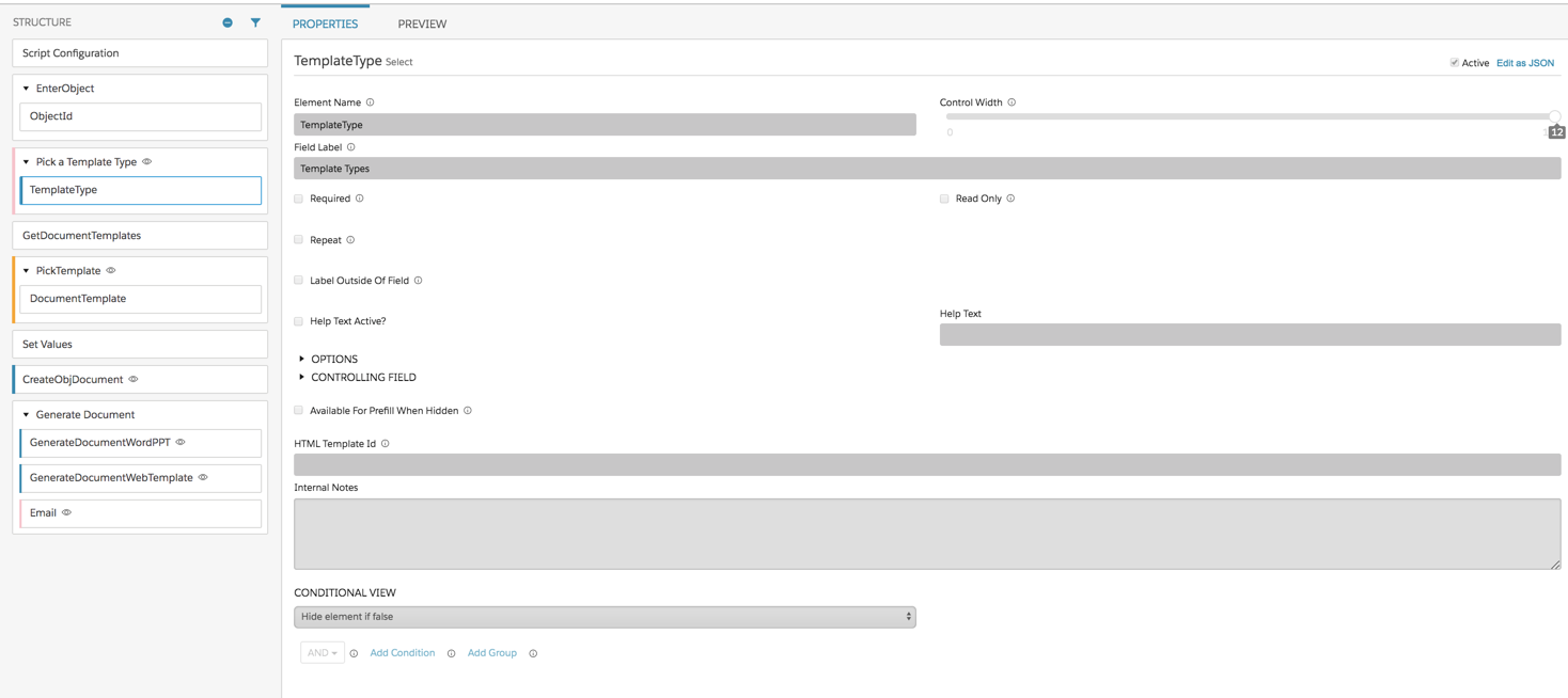 The TemplateType step in the Omniscript Designer.