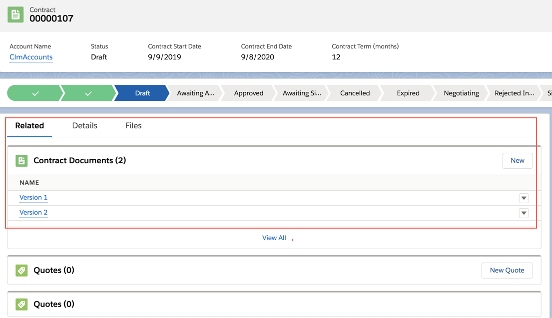 Contract document versions screenshot