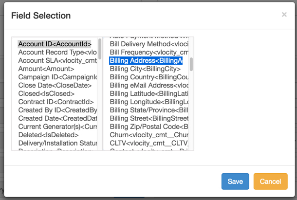 The Field Selection window lists each object its child objects, and associated fields.
