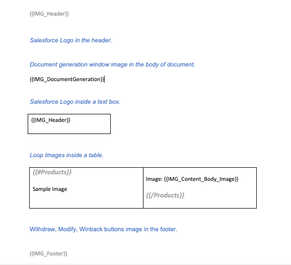 This image shows a document template that has image tokens inserted within a header, table, and body of a document.