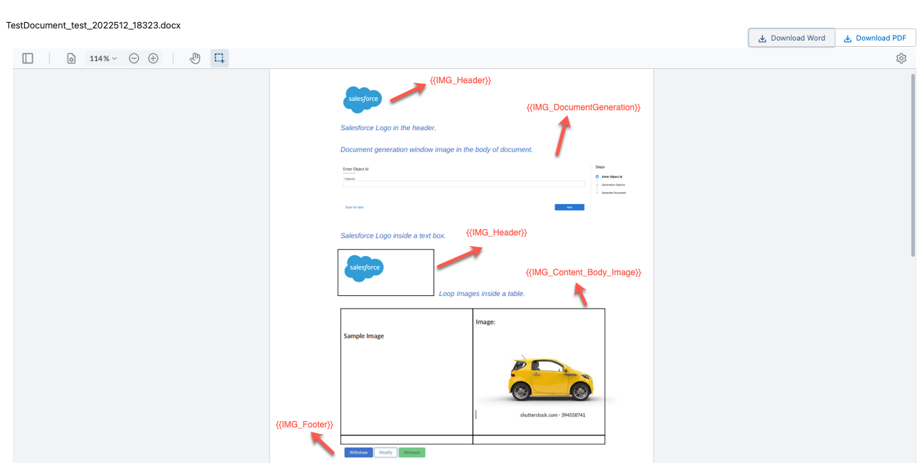The image shows that the generated document has the tokens are replaced with the images.