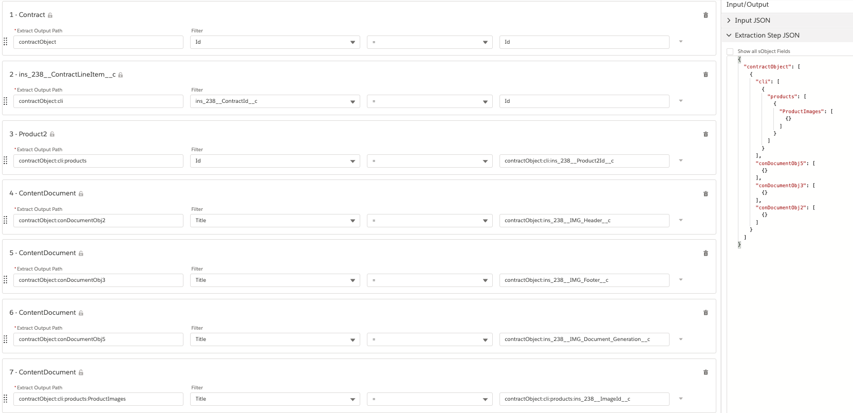 This image shows the extract tab of the Data Mapper Extract where we have specified the objects to be queried in the Extract Output Path and the filters to be used for the extraction.