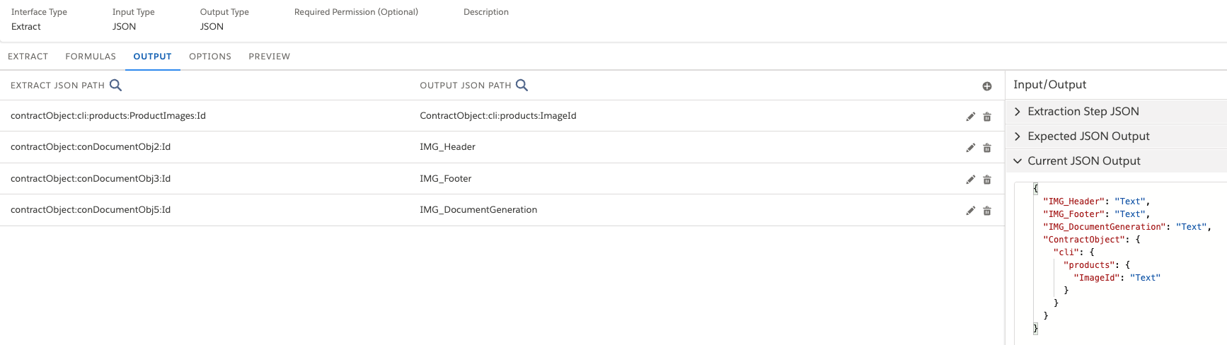 This image shows the data mapping from the extraction step JSON to the output JSON in the Output tab.
