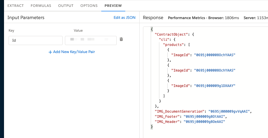 This image shows the preview tab. A JSON structure containing the desired output. The image Id has been pulled from the desired objects.