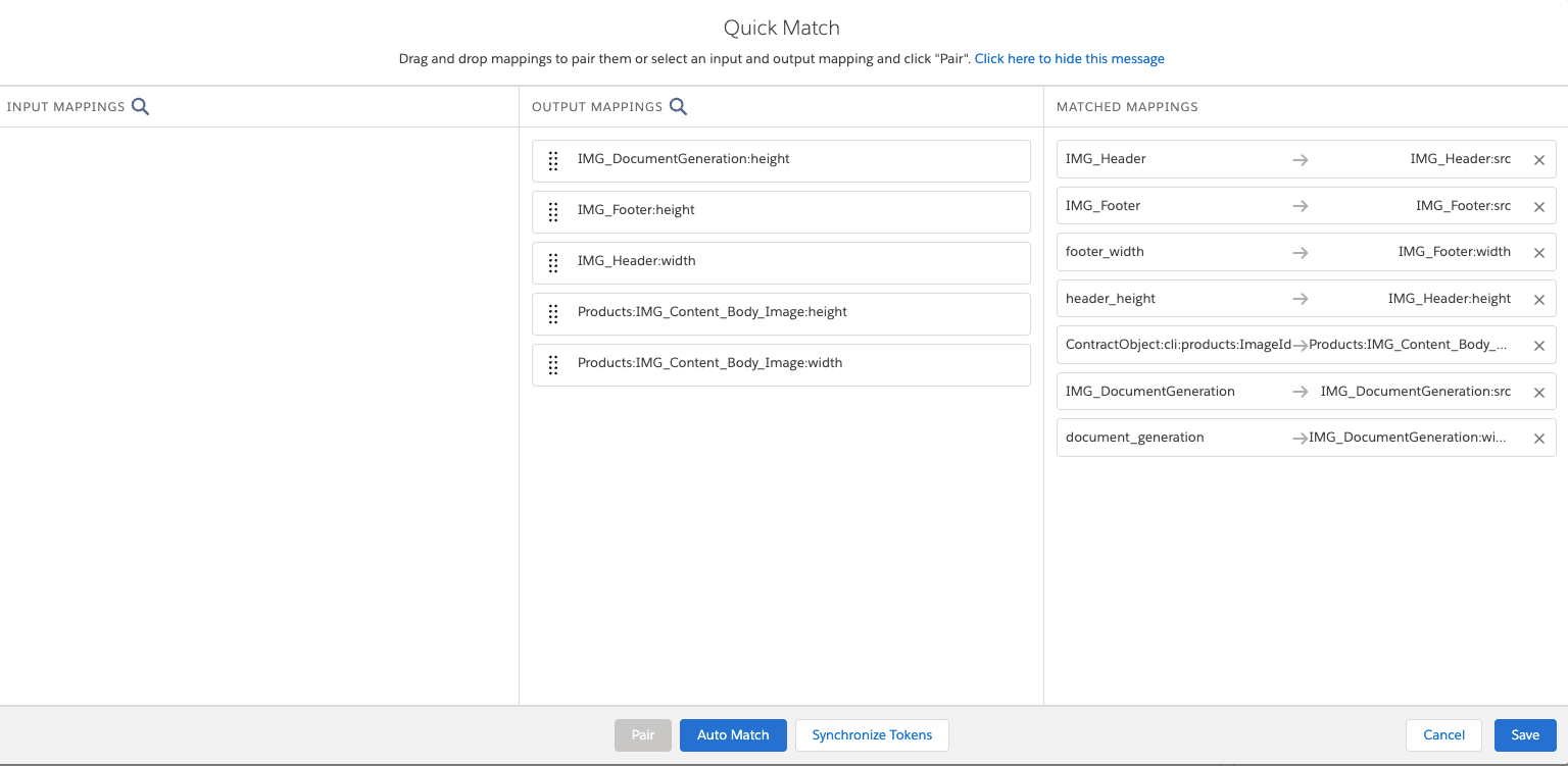 This image shows column Matched Mapping populated when the fields from the Input column to the Output column are matched.