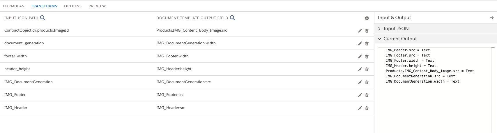 This image shows a populated Transform tab. The Input JSON path matches the output from the Data Mapper Extract. The Output JSON path matches the tokens in the document template.