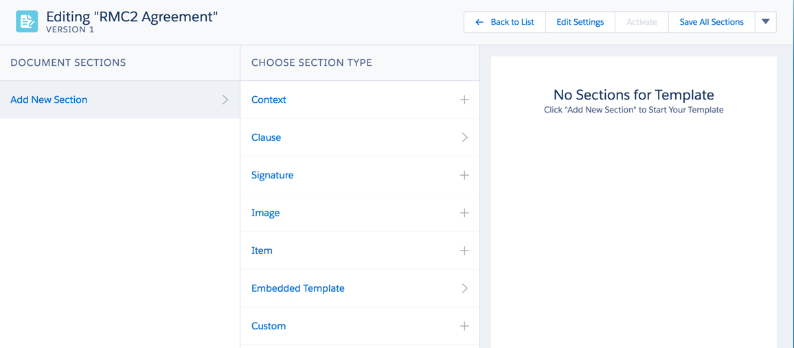 A screenshot of the Document Template Designer with Add new section to the far left and options for sections to the right.