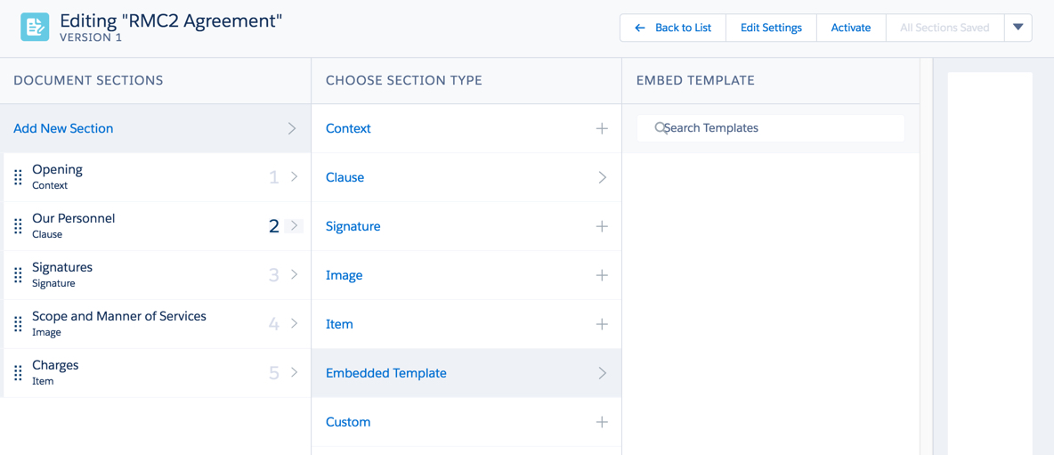 Document Template Designer where Embedded Template has been chosen in the middle panel. Far right panel with an option to search for templates.