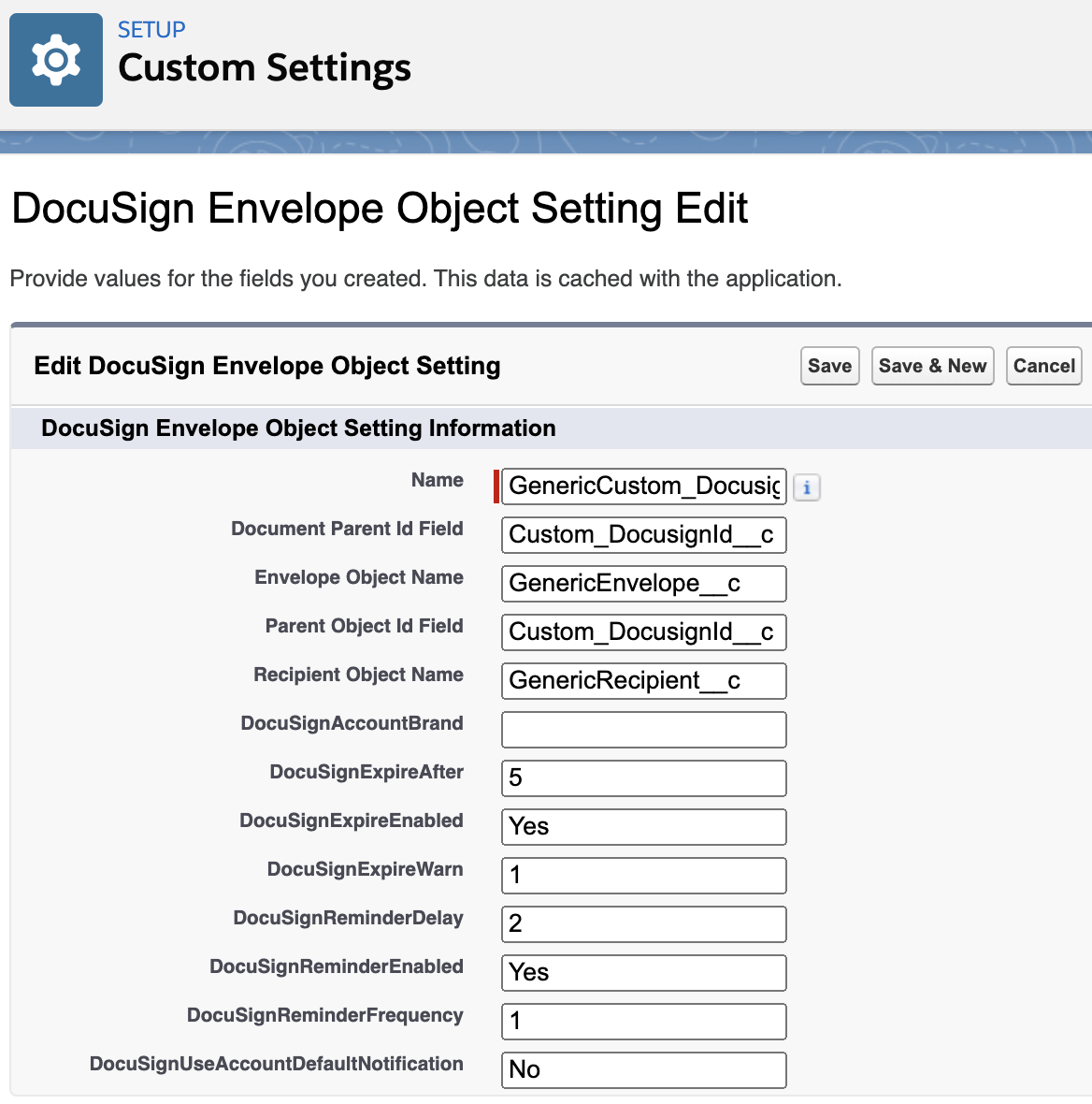 The DocuSign Envelope Object Setting Edit page.