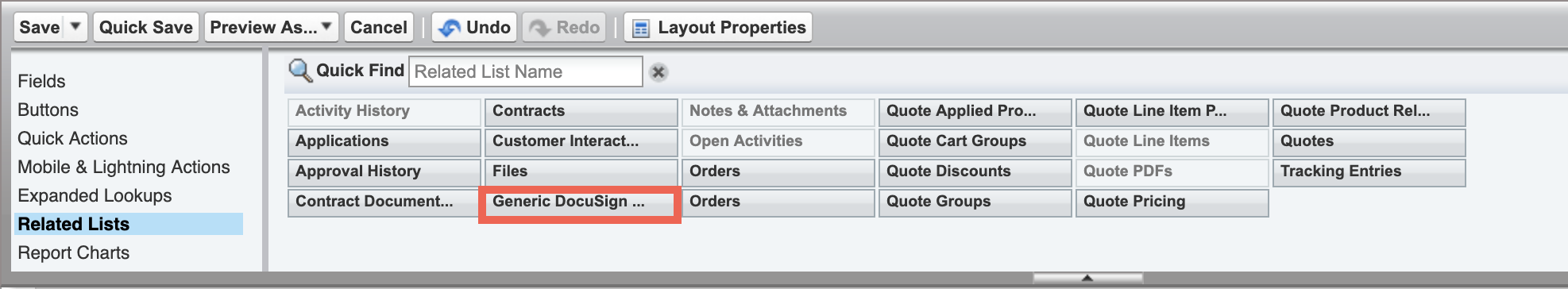 The Generic DocuSign Envelopes list on the Related Lists palette.