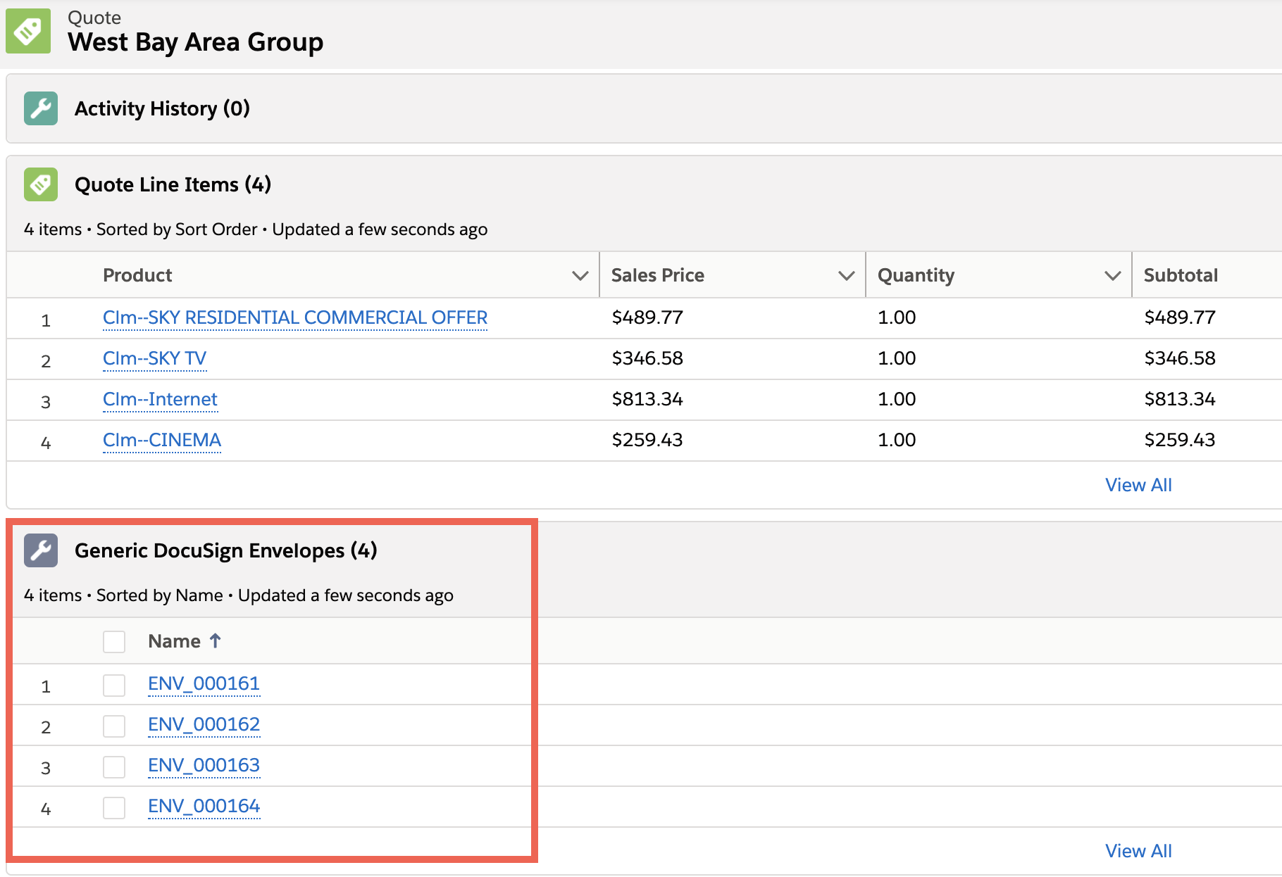 The Generic DocuSign Envelopes related list on the Quotes page.