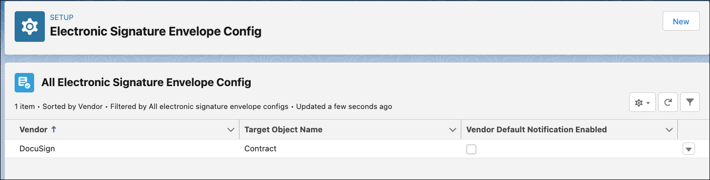 Electronic signature envelope config settings page.