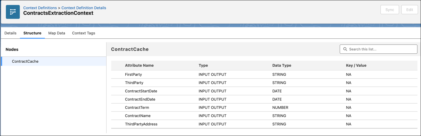 The seven predefined fields are FirstParty, ThirdParty, ContractStartDate, ContractEndDate, ContractTerm, ContractName, and ThirdPartyAddress.