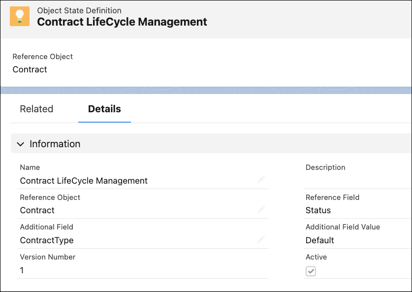 The Contract Lifecycle Management Object State Definition record detail page.