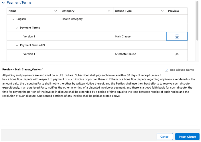 Eye icon to view clause details.
