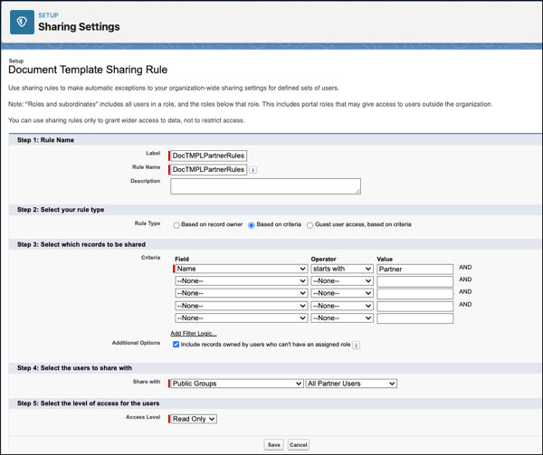 Document Template Sharing Rule settings page.