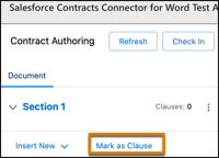 Salesforce Contracts Add-in with Mark as Clause button.