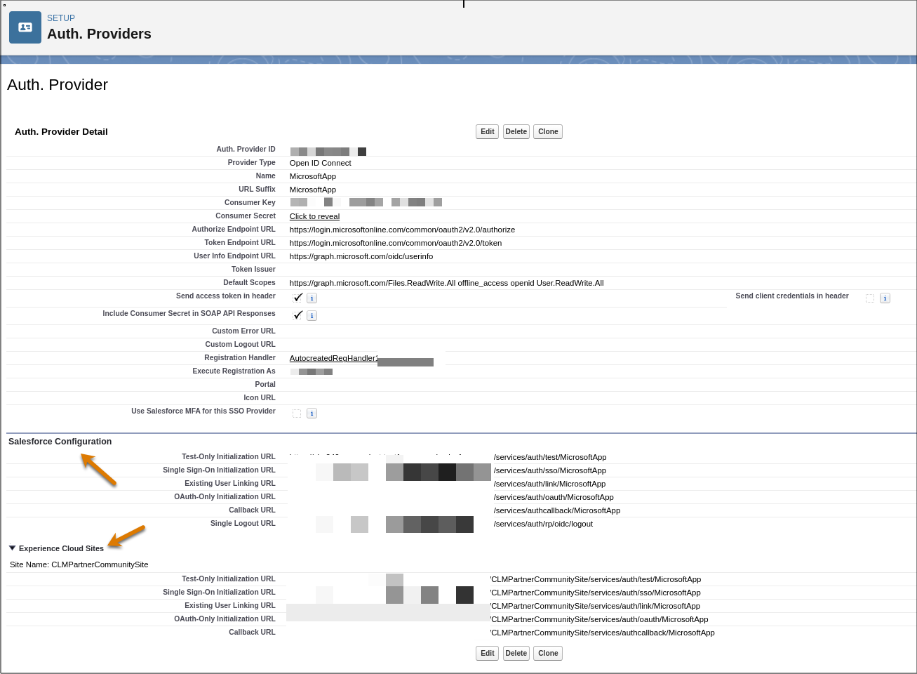 The Salesforce Configuration and Experience Cloud Sites sections are populated with URLs.