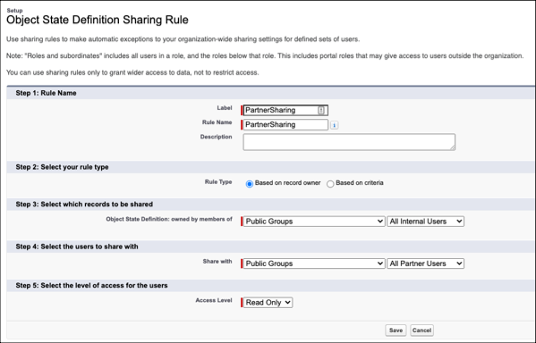 Object State Definition Sharing Rule settings page.