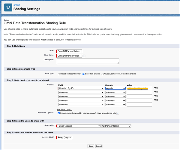 Omni Data Transformation Sharing Rule settings page.