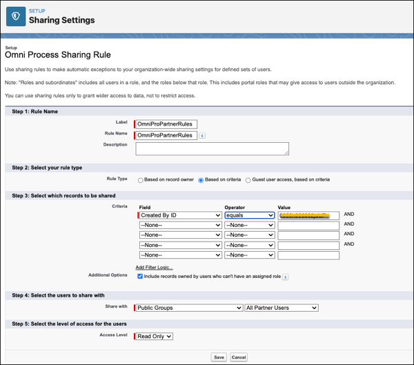 Omni Process Sharing Rule settings page.