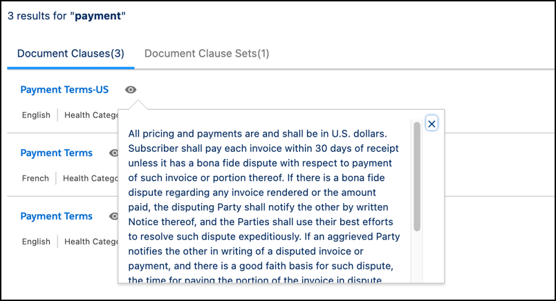 Hover over eye icon to view clause content.