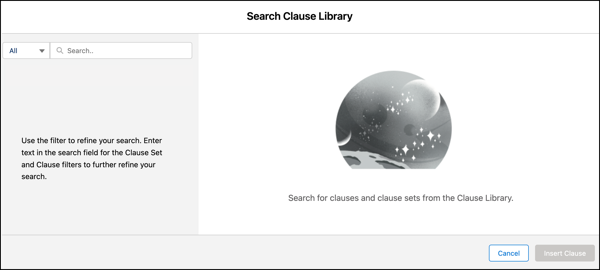 Search Clause Library page with different options to search and insert document clauses.