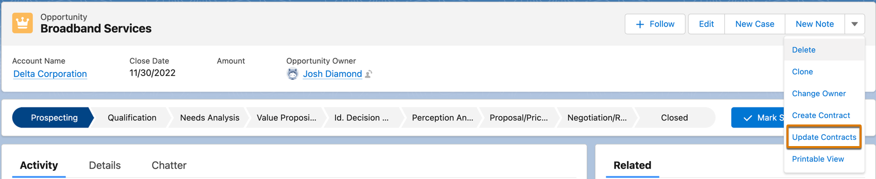 Update Contract button on opportunity page.