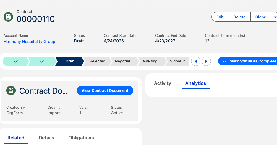 Contract overview page showing the header, status path, contract document section, and Related, Details, and Obligations tabs.
