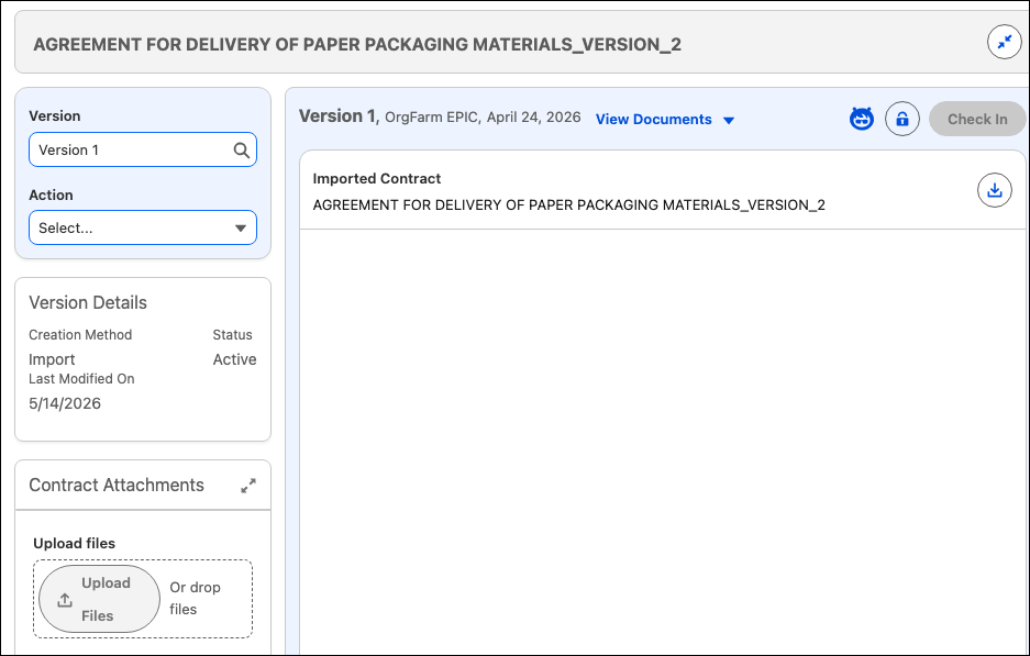 Contract document view showing Version 1 with the Check In button, version details, and imported contract file.