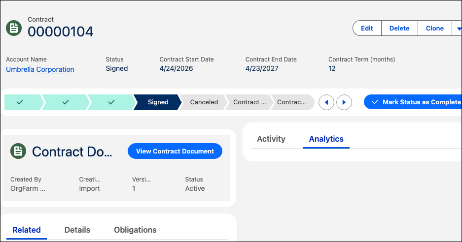 Contract record at the Signed status with the contract document section and Related, Details, and Obligations tabs.