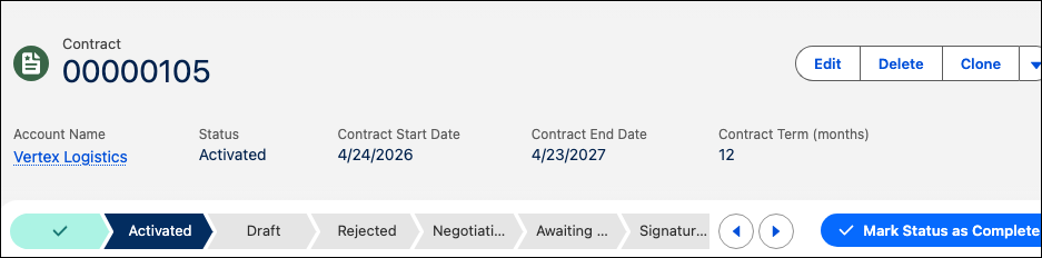 Contract record at the Activated status.