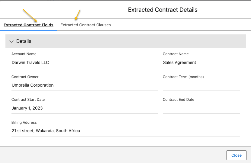 Click Extracted Contract Fields and Extracted Contract Clauses tabs.