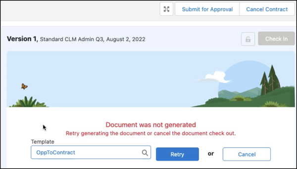 Retry or cancel contract document generation.