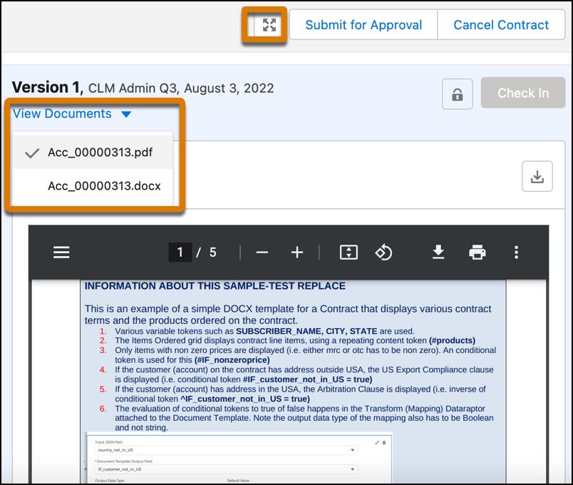 Contract document page to preview the .docx or .pdf file format.