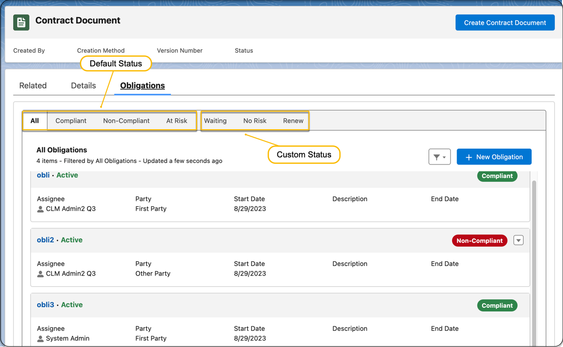 Default obligation statuses and sample custom statuses