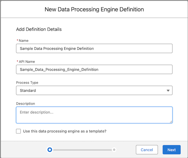 Create data processing engine modal.