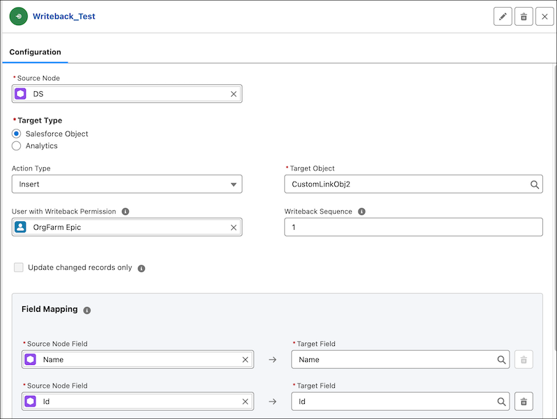 Writeback object configuration section in CRMA runtime with Salesforce object selected as the target type.