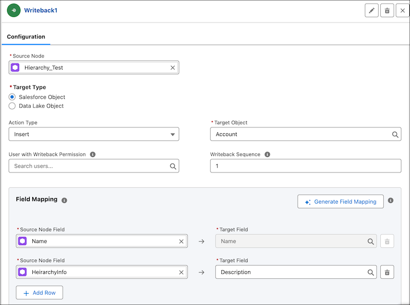 Writeback object configuration section in Data 360 runtime with Salesforce object selected as the target type.
