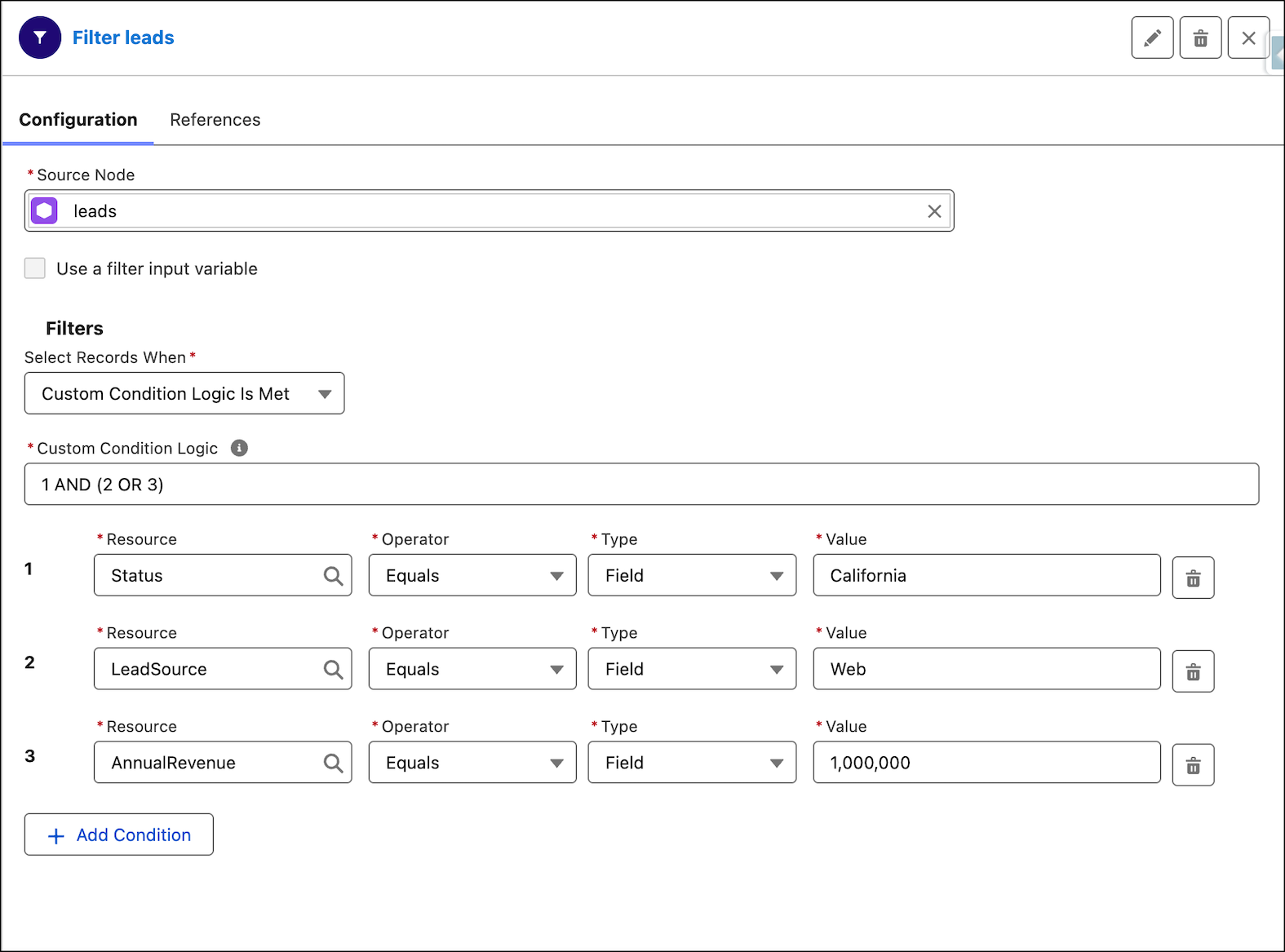 Filter node with custom logic in filter conditions