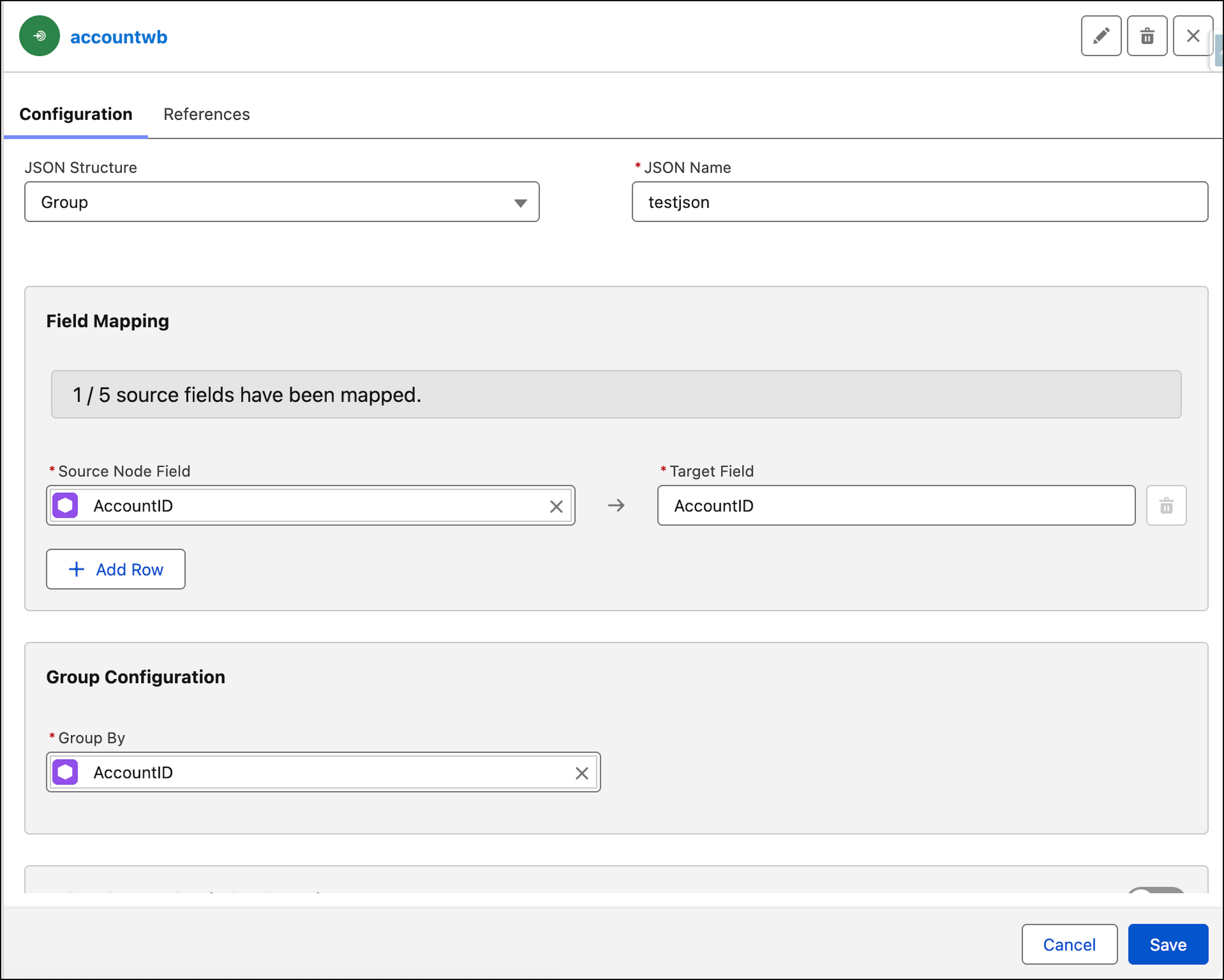 Configuring a JSON writeback with group