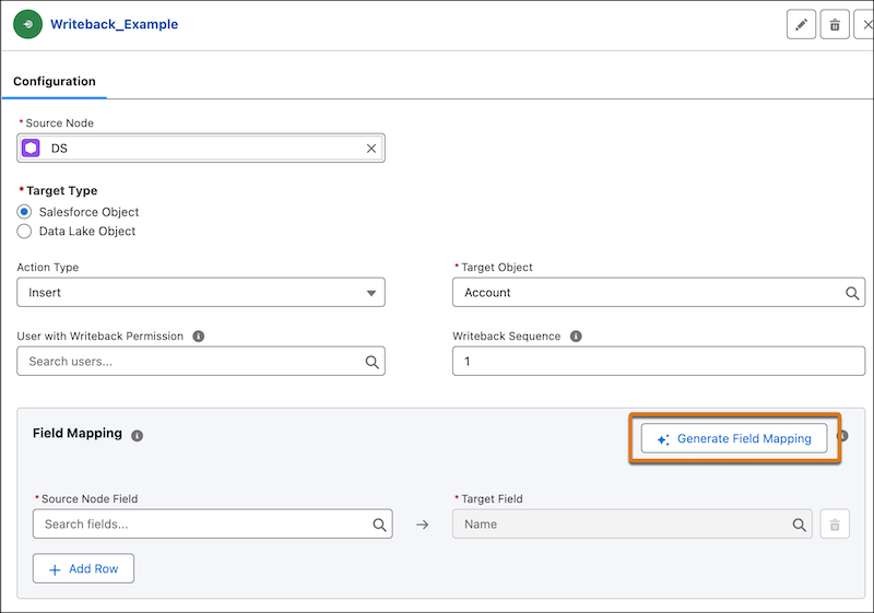 Writeback configuration section with Generate Field Mapping button